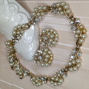 Vintage 50s Trifari Faux Pearl & Crystal Rhinestone Necklace Chocker Earring Set